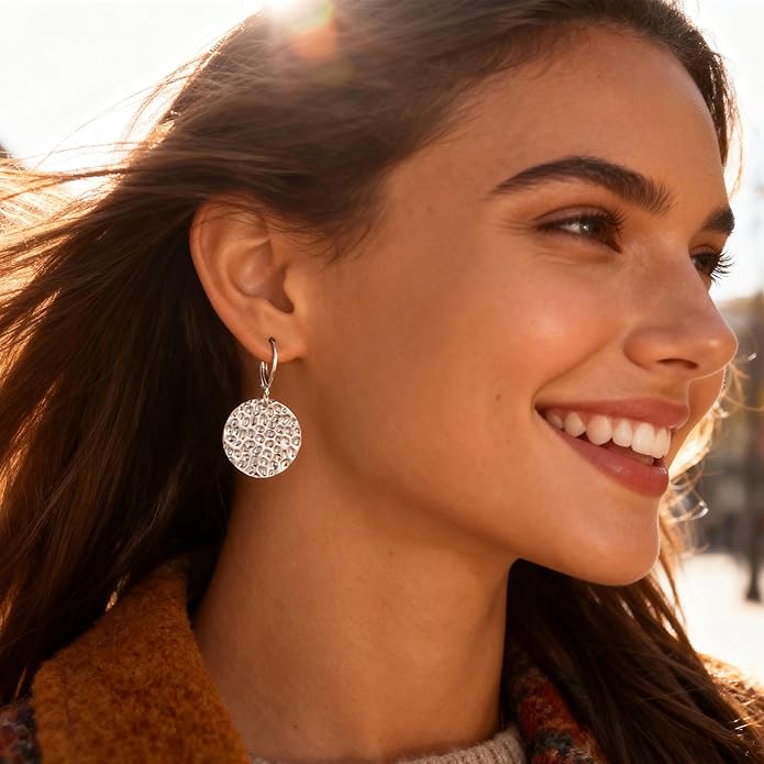 ALEXCRAFT 925 Sterling Silver Dangle Earrings for Women, 14K Gold Plated Geometric Flat Round Disc Hammered Coin Drop Earring Hypoallergenic Lightweight Leverback Earrings for Women Trendy Jewelry