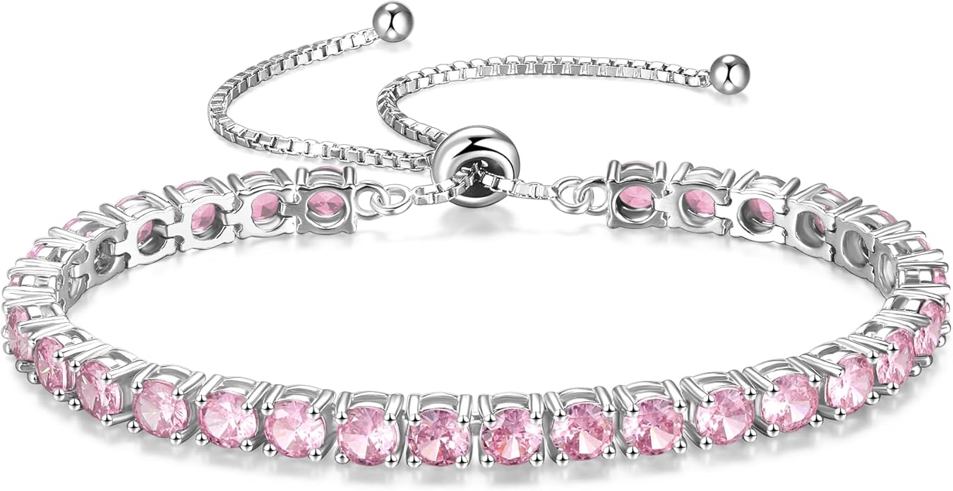 FANCIME Birthstone Bracelet Jewelry for Women Sterling Silver Tennis Bracelet Classic Bolo Adjustable Chain Fine Jewelry Anniversary Birthday Gifts for Women Mom Wife Her
