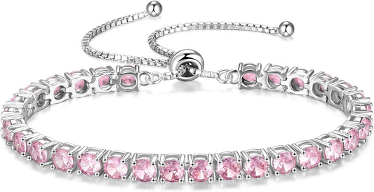 FANCIME Birthstone Bracelet Jewelry for Women Sterling Silver Tennis Bracelet Classic Bolo Adjustable Chain Fine Jewelry Anniversary Birthday Gifts for Women Mom Wife Her