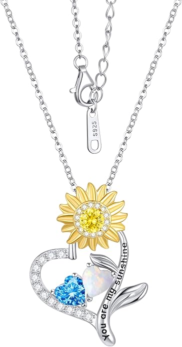 PERJI Valentine's Day Gifts for Women - 925 Sterling Silver Double Birthstone Sunflower Necklace, Anniversary Birthday Jewelry You are My Sunshine Gifts for Wife Couple Girlfriend 18"+2" Non Tarnish
