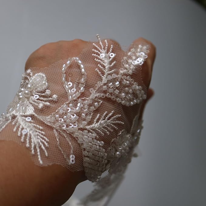 G-RUI 2yard Sequins Beaded Flower Embroidery lace Appliques for Wedding Dresses Rhinestone Applique Patches lace Trims parches ropa (Off White) (P3403A)