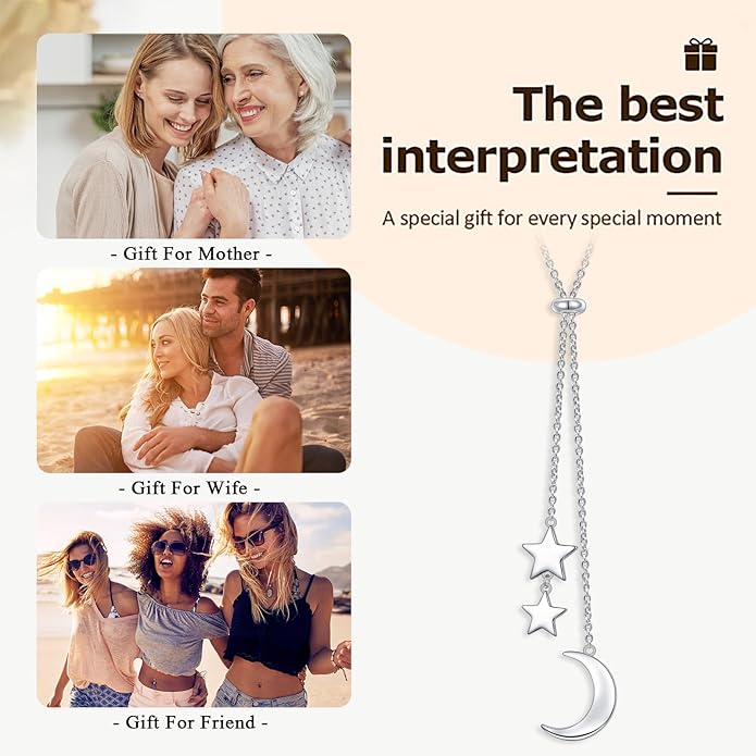 Long Chain Dainty Necklace Simple Style 925 Sterling Silver Star Moon Pendant Adjustable Y Shaped Necklace Jewelry for Women
