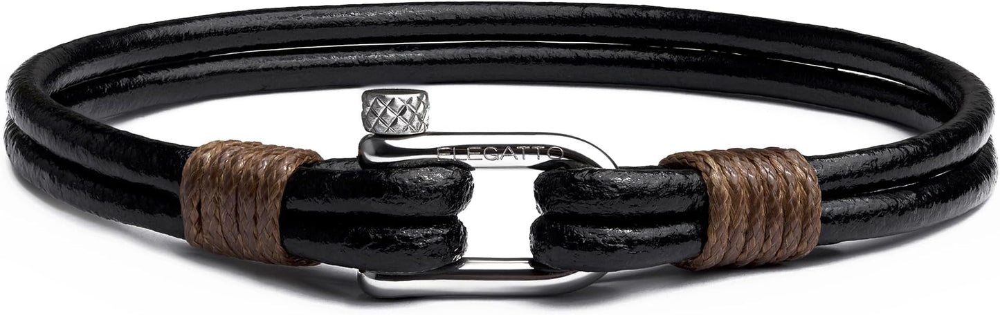 Elegatto Helix Premium Vintage Leather Bracelet for Men | Double Black Leather Strands with Sterling Silver Polished Mini Shackle Closure | Men’s Designer Jewelry
