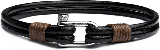 Elegatto Helix Premium Vintage Leather Bracelet for Men | Double Black Leather Strands with Sterling Silver Polished Mini Shackle Closure | Men’s Designer Jewelry