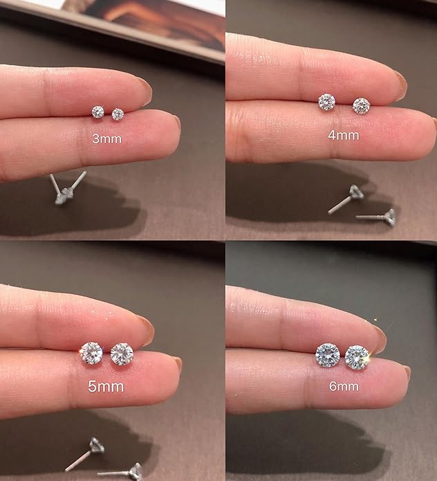 6 Pairs Stud Earrings Set, Hypoallergenic Cubic Zirconia Earrings 316L Stainless Steel CZ Earrings 3-8mm