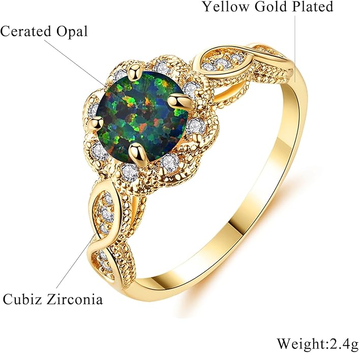 CiNily 18K Gold Plated Opal Ring-White Fire Opal & Amethyst & Cubic Zirconia Women Jewelry Gemstone Engagement Anniversary Ring Size 5-13