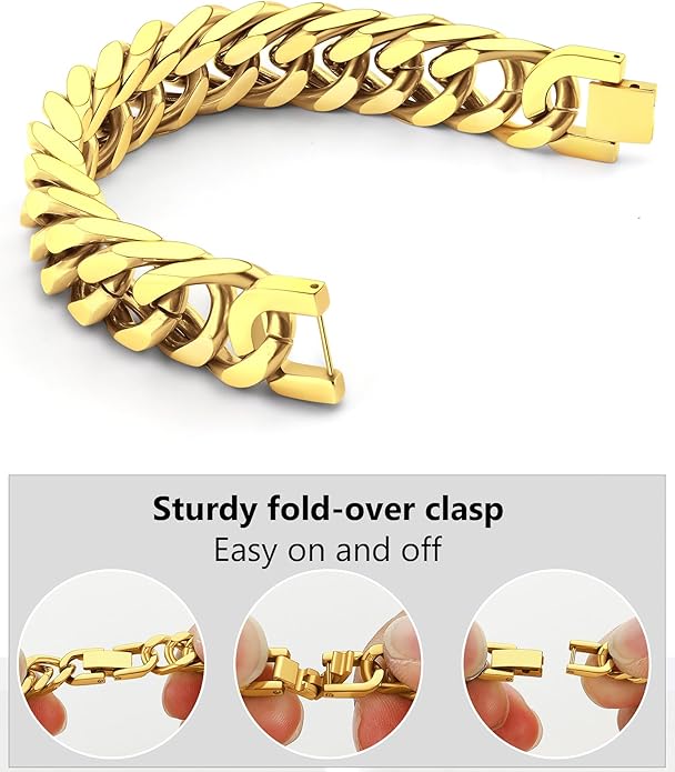 8/12/17mm Wide Cuban Link Bracelet for Men Father Gift 18K Gold/Black Plated Stainless Steel Bracelets 7.4-9 Inches(Gift Wrapped)