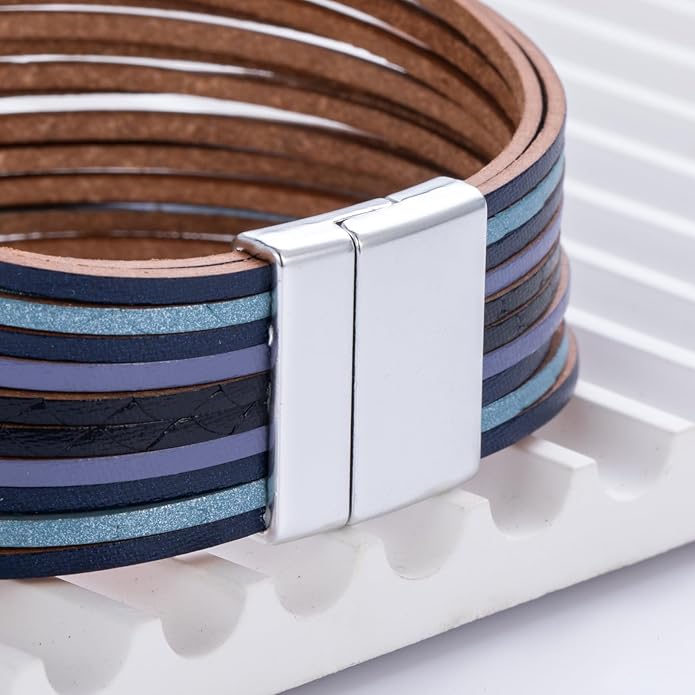 FANCY SHINY Boho Leather Wrap Bracelet Stackable Layered Bangle Cuff with Magnetic Clasp