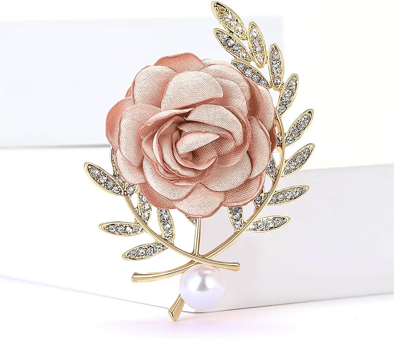 Dreuyet Rose Flower Brooch for Women Dainty Elegant Satin Fabric Flower Lapel Pins Vintage Pearl Camellia Crystal Pin Dress Suit Accessories Valentine's Day Wedding Bouquet Jewelry ﻿