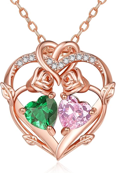 Rose Gold Necklaces for Women Double Birthstone Rose Flower Heart Pendant Necklace Jewelry Anniversary Christmas Valentine's Mother's Day Birthday Gift for Wife Mom Her Girlfriend Sister