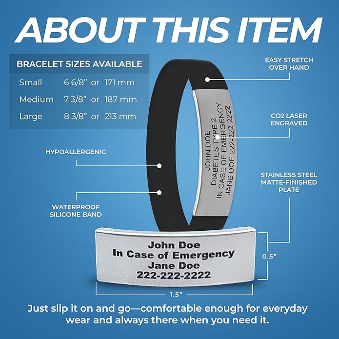 Personalized Medical Alert Bracelet for Men & Women – Custom Engraved Waterproof Silicone Wristband with Stainless Steel ID Plate – Medical ID Bracelet for Allergies, Conditions, ICE Info & Emergency Card