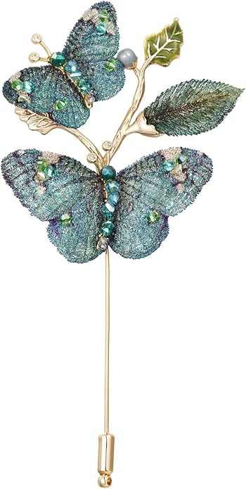 Handmade Embroidery Flower Brooch Pins for Women, SHE'S FREE STYLE JUST FOR YOU Luxury Gradient Stitching Floral Brooch Pins with Crystal stamen, Enamel Metal Butterfly with Green Leaves, Hand Dripping Oil Jewelry pins