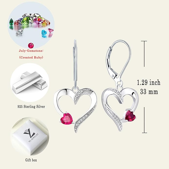 YL Heart Dangle Earrings 925 Sterling Silver Drop Earrings Birthstone Leverback Jewelry for Women