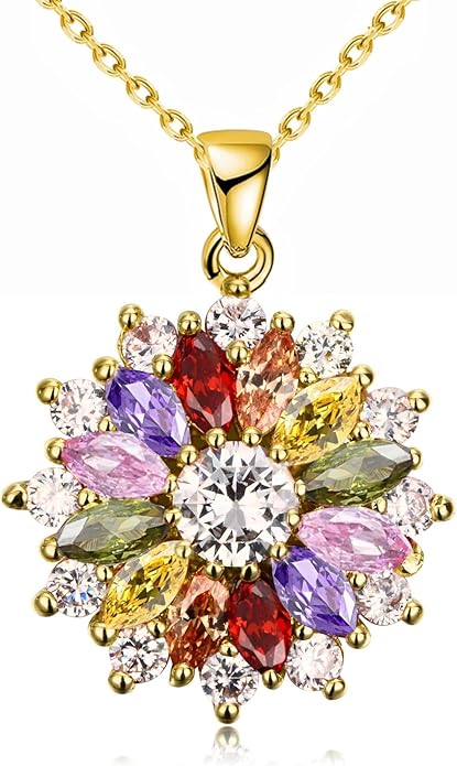 VONSSY Colorful Snowflake Pendant Necklace Earrings Rose Gold 5A Cubic Zirconia | Crystal Sweater Chain | Multi Gemstone Garnet Amethyst Morganite Peridot Prom Rhinestone Necklaces for Women Vintage Stylish Gift