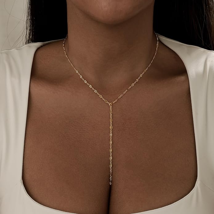 Long Gold Necklace for Women Trendy, Dainty Layered Lariat Necklace 14k Gold Plated Silver Y Shaped Beaded Chain Non Tarnish Drop Necklaces Simple Adjustable Jewelry Gift