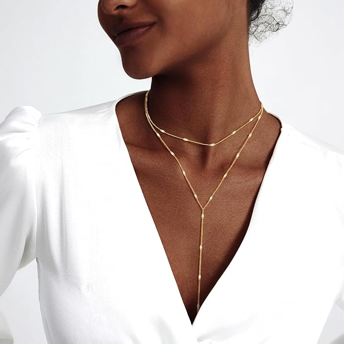 Zeffy Lariat Gold Necklace for Women, Dainty Long Necklace 14k Gold/Silver Plated Layered CZ Beaded Bar Chain Y-Shaped Body Chain Stack Drop Wedding Necklace Trendy Simple Gold Jewelry Gifts