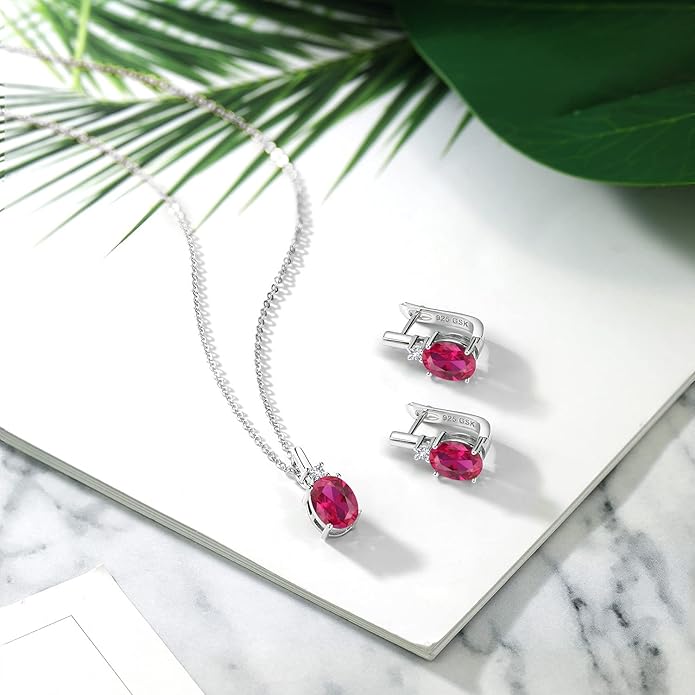 Gemstone Birthstone and White Created Sapphire Pendant and Earrings Jewelry Set for Women in 925 Sterling Silver | Oval 8X6MM and Round 2.5MM | With 18 Inch Chain | Fine Jewelry for Her Mom Women Wife