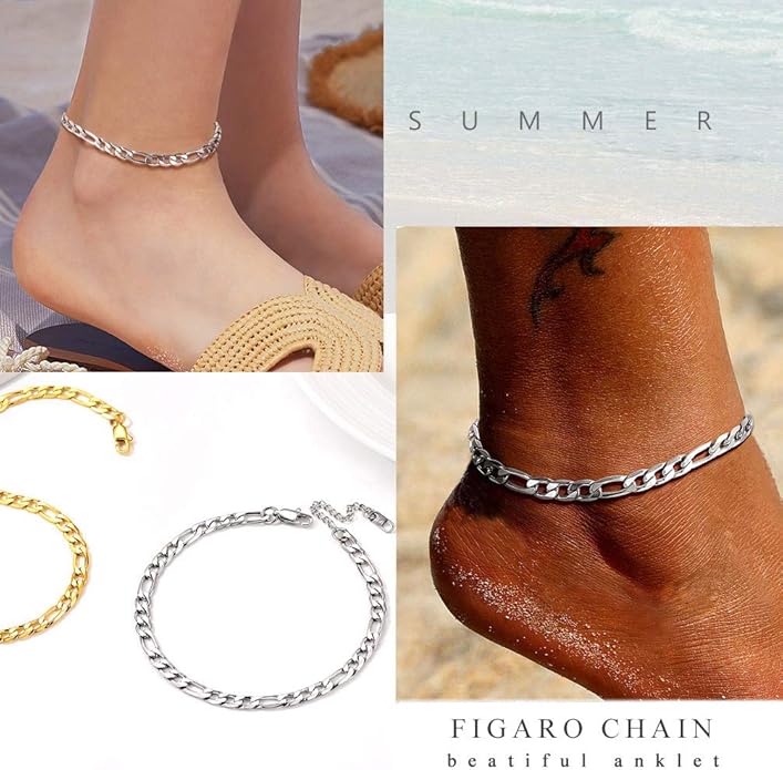 PROSTEEL Stainless Steel Chain Anklets for Women, Silver/Gold Tone, Ankle Bracelets Hypoallergenic, 8-10.5 Inch Adjustable, Come with Box