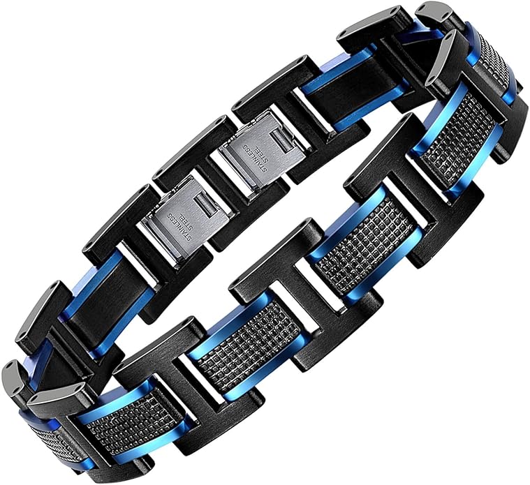 Holizaly Men's Stainless Steel Two Tone Square Link Bracelet, Black and Blue Ion Plated Black