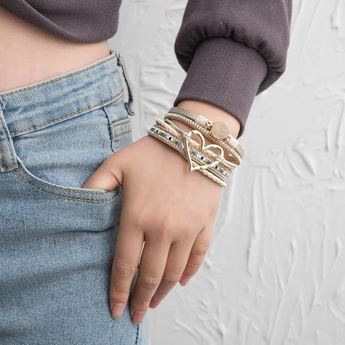 Rantanto Braid Leather Wrap Bracelet Trendy Stackable Crystal Cuff Boho Gold Heart Bracelet Jewelry Gift For Women