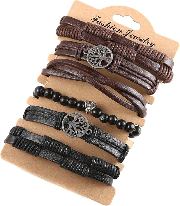 HZMAN Genuine Leather Tree of life Bracelets Men Women, Tiger Eye Natural Stone Lava Rock Beads Ethnic Tribal Elastic Bracelets Wristbands