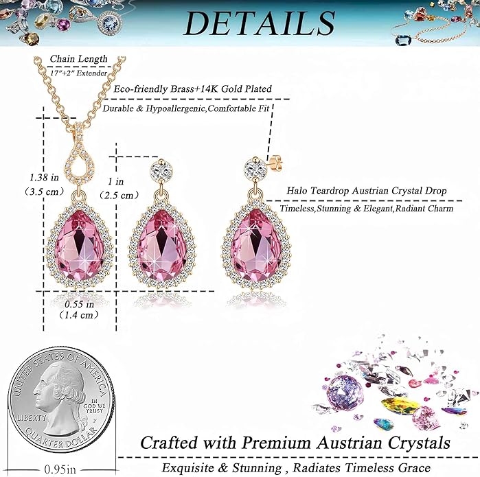 Austrian Crystals Teardrop Pendant Necklace Earrings for Women 14K Gold Plated Hypoallergenic Jewelry Set