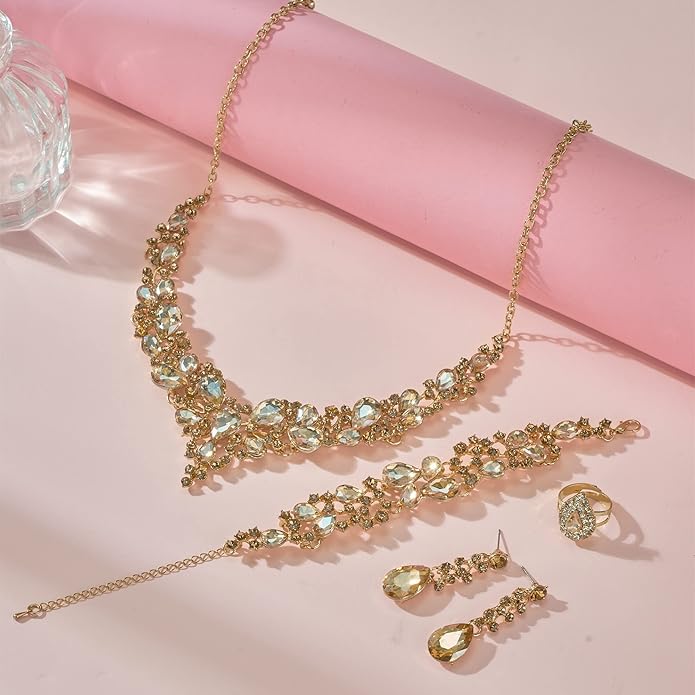 Paxuan Crystal Bridal Wedding Jewelry Sets for Women Rhinestone Teardrop Crystal Statement Choker Necklace Drop Earrings Link Bracelets Rings Teardrop Jewelry Set for Brides Bridesmaids