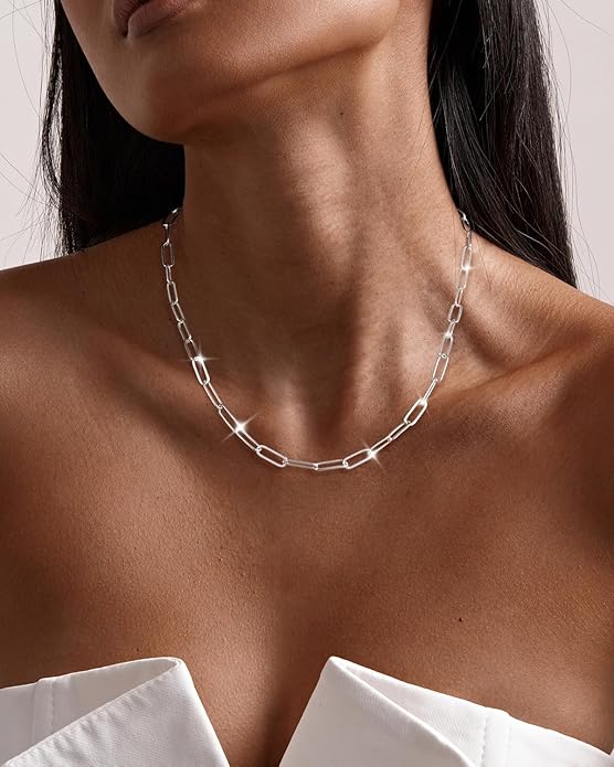 MBW Silver Paperclip Chain Necklace for Women,Dainty Sterling Silver Choker Necklaces for Women Trendy Simple Long Chunky Minimalist Waterproof Link Necklace Jewelry Gifts for Women 16/18/20 in
