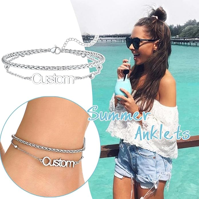 U7 Custom Layered Ankle Bracelets for Women Stainless Steel Bead/Cuban/Figaro/Rope/Wheat Chain Anklet Waterproof Anklet Jewelry for Beach Vacation