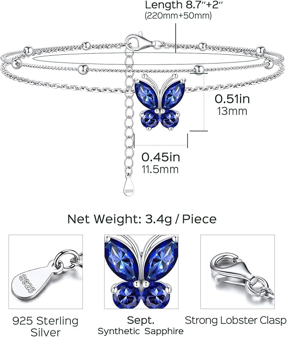 ChicSilver 925 Sterling Silver Anklets for Women Waterproof, Sparkling Birthstone Ankle Bracelets for Women, Adjustable Layered Butterfly Anklet Summer Beach Jewelry