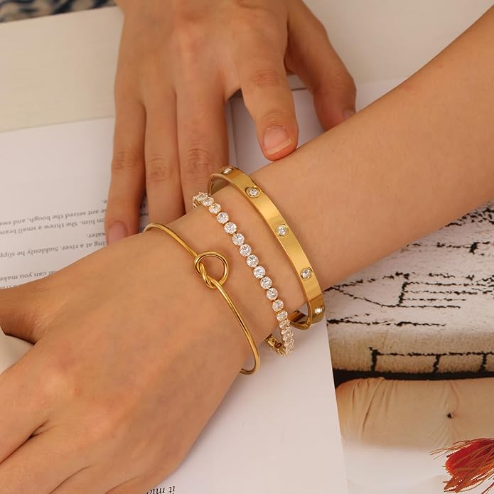 FAFUGA 18 K Gold Plated Love Bangle Bracelet Stack Cuff Jewelry for Women Jewelry Set for Women Gift with Box
