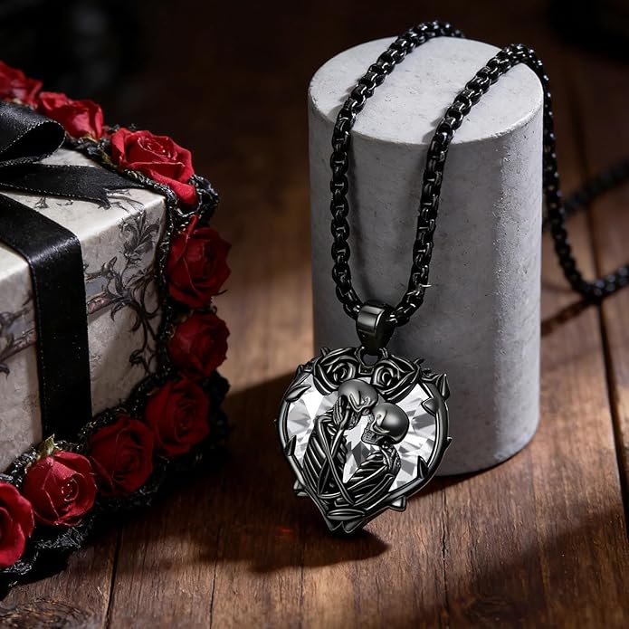 Flpruy 925 Sterling Silver Black Gothic Jewelry Gifts Skeleton Couple Pendant Crystal Birthstone Heart Necklace Punk Romantic Jewelry for Lover Men Women