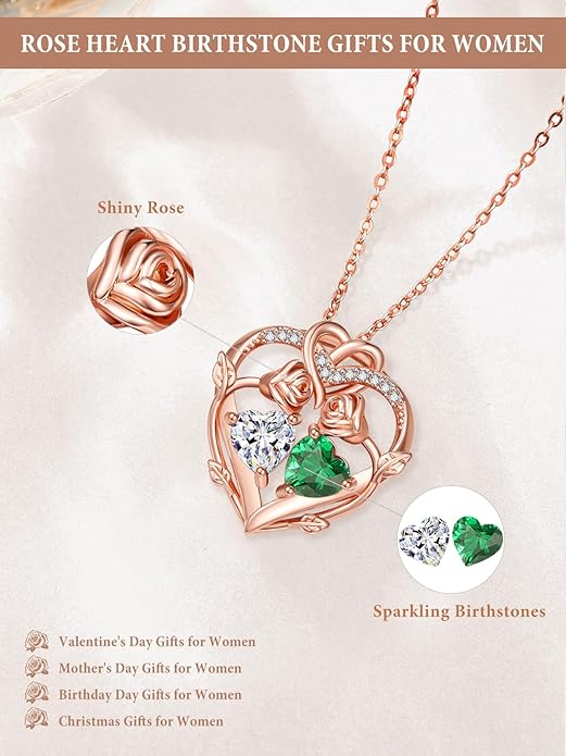 Rose Gold Necklaces for Women Double Birthstone Rose Flower Heart Pendant Necklace Jewelry Anniversary Christmas Valentine's Mother's Day Birthday Gift for Wife Mom Her Girlfriend Sister