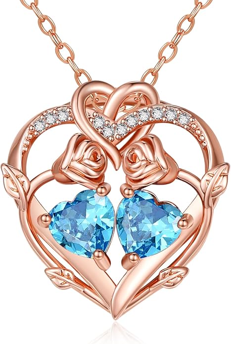 Rose Gold Necklaces for Women Double Birthstone Rose Flower Heart Pendant Necklace Jewelry Anniversary Christmas Valentine's Mother's Day Birthday Gift for Wife Mom Her Girlfriend Sister