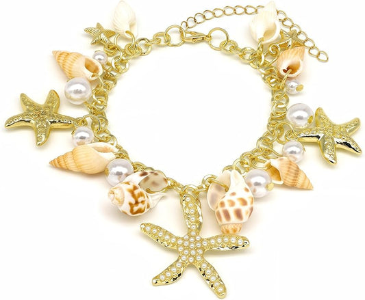 Shell Ankle Bracelet Set for Women, Gold Plated Boho Bead Adjustable Anklet, Hawaiian Beach Seashell Pearl Heart Starfish Conch Foot Jewelry Gifts
