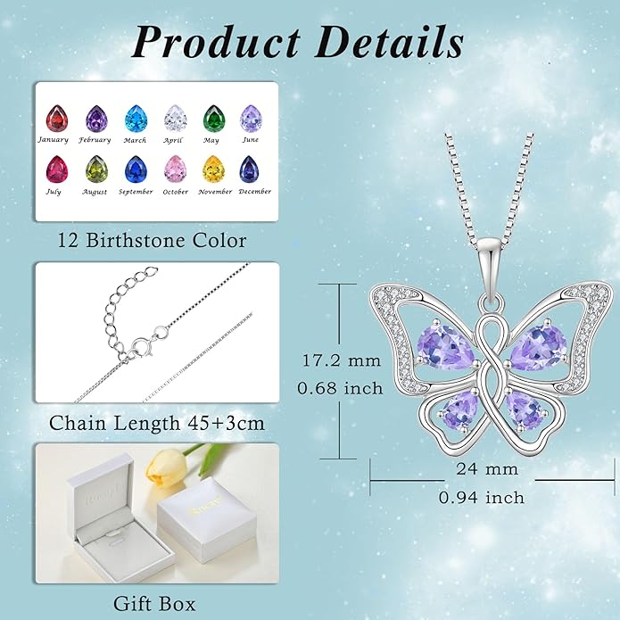 Butterfly Necklace 925 Sterling Silver Cubic Zirconia Birthstone Jewelry Gifts for Women Wife Mother