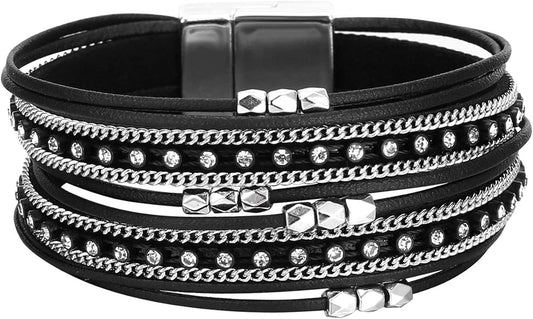 Fesciory Leather Wrap Bracelets for Women, Boho Leopard Multi-Layer Crystal Beads Cuff Bracelet Jewelry