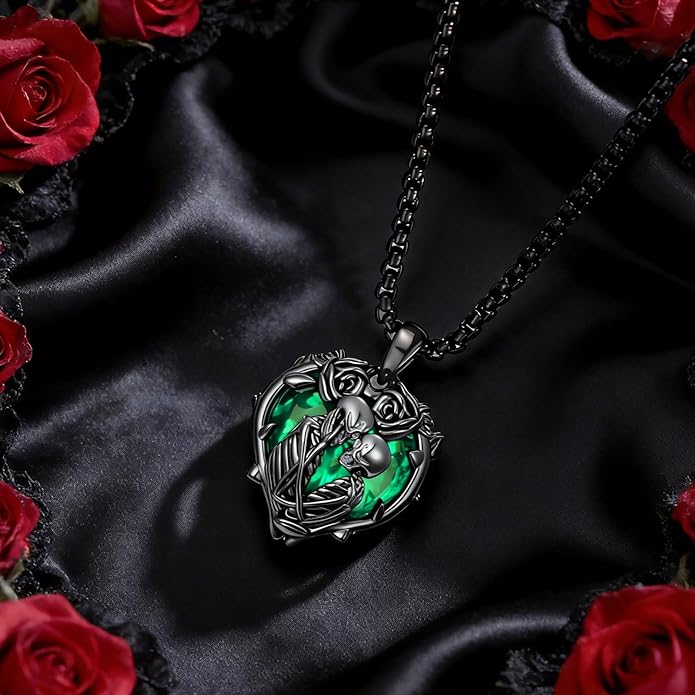 Flpruy 925 Sterling Silver Black Gothic Jewelry Gifts Skeleton Couple Pendant Crystal Birthstone Heart Necklace Punk Romantic Jewelry for Lover Men Women