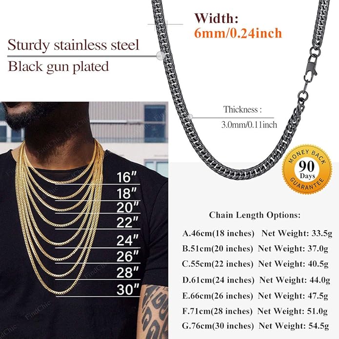 FindChic Men Curb Chain Necklace 18K Gold Plated/Stainless Steel/Black Chunky Double Tight Cuban Link Hip Hop Neck Chains for Men Boys 3.5MM/5MM/6MM/7MM/9MM/12MM 14''-30'' 8 Length Options (Send Gift Box)