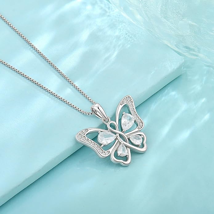 Butterfly Necklace 925 Sterling Silver Cubic Zirconia Birthstone Jewelry Gifts for Women Wife Mother