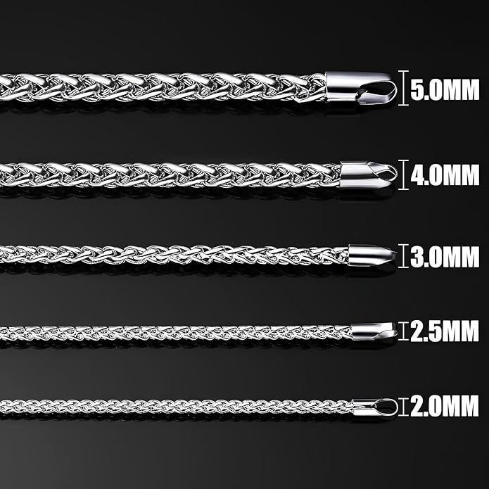 Fiusem Wheat Chains for Men and Women, 2/2.5/3/4/5mm Silver Tone/14K Gold Plated/Black Necklace Chain, Stainless Steel Mens Necklace 16-28 Inch