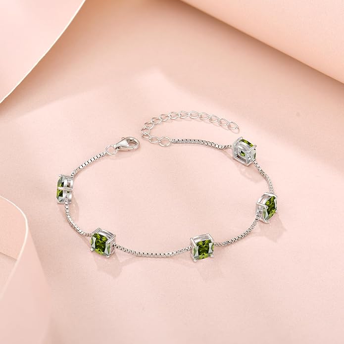 Birthstone Bracelet for Women 925 Sterling Silver Dainty Princess Cut Link Bracelet Jewelry Gifts for Her