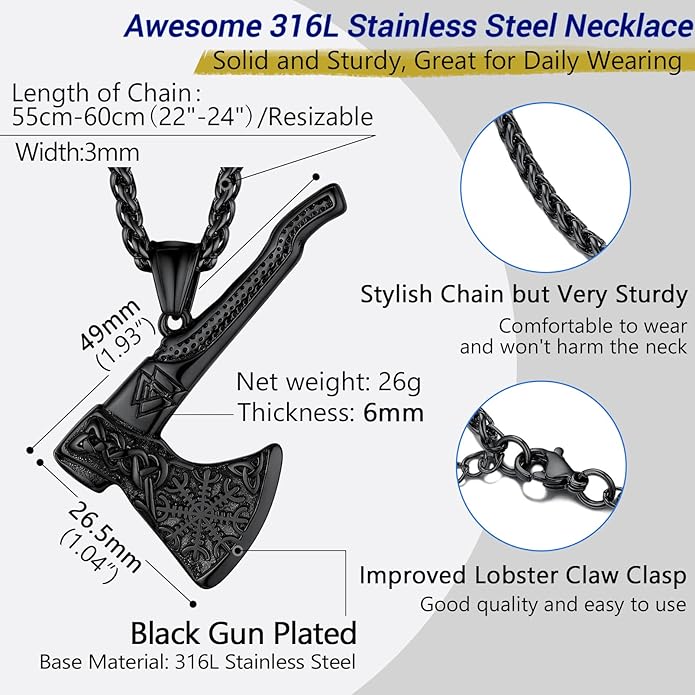 PROSTEEL Norse Viking Jewelry for Men Women, Vintage Thor Hammer/Thor Axe/Raven/Odin Necklace, 316L Stainless Steel Pendant Chain, Come with Box