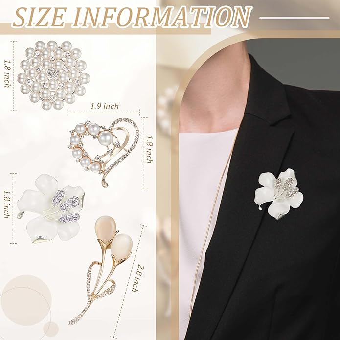 Ecally 4 Pcs Brooches and Pins for Women Crystal Pearl Brooch for Wedding Christmas Teacher Appreciation Gift
