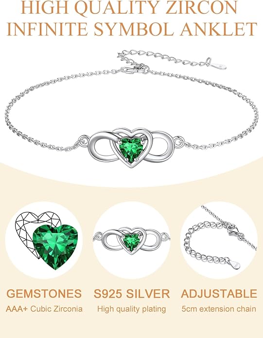 Custom4U Personalized Infinity Ankle Bracelets for Women 925 Sterling Silver Anklet Bracelet Endless Love Symbol Birthstone Charm Adjustable Foot Chain Jewelry Mothers Day Gifts for Mom Wife Women Her