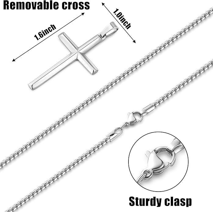 Fiusem Beveled Edge Cross Necklace for Men, Silver Tone/Black/14K Gold Plated Mens Cross Necklace, 2.5MM Stainless Steel Box Chain with Pendant