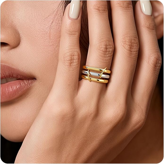 IHOKIT Stackable Rings for Women, 18k Gold Rings for Women Non tarnish, Silver Gold Multi Ring Mixed Metals Stack Rings Set,Jewelry Gift for Women
