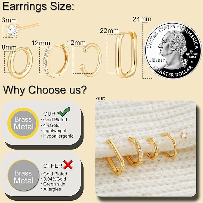 Small Gold Hoop Earrings Set for Women, 14K Gold Plated Lightweight Earrings Sets for Multiple Piercing, Hypoallergenic Huggie Gold Hoops Earrings for Women Jewelry