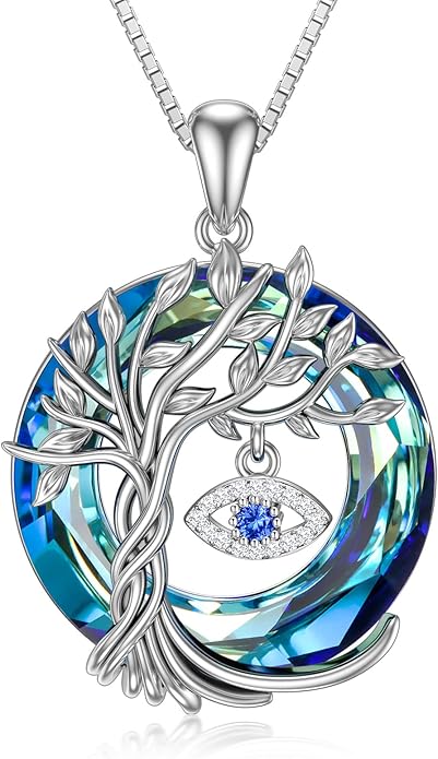 TOUPOP Evil Eye Necklace 925 Sterling Silver Tree of Life Circle Crystal Pendant Necklace Protection Jewelry Amulet Christmas Gifts for Women Her