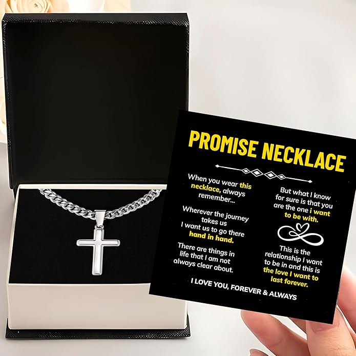 FLAGISTA Promise Cross Necklace for Him – Stainless Steel Cross Pendant with Cuban Link Chain, Meaningful Promise Gift for Husband, Boyfriend or Loved One.
